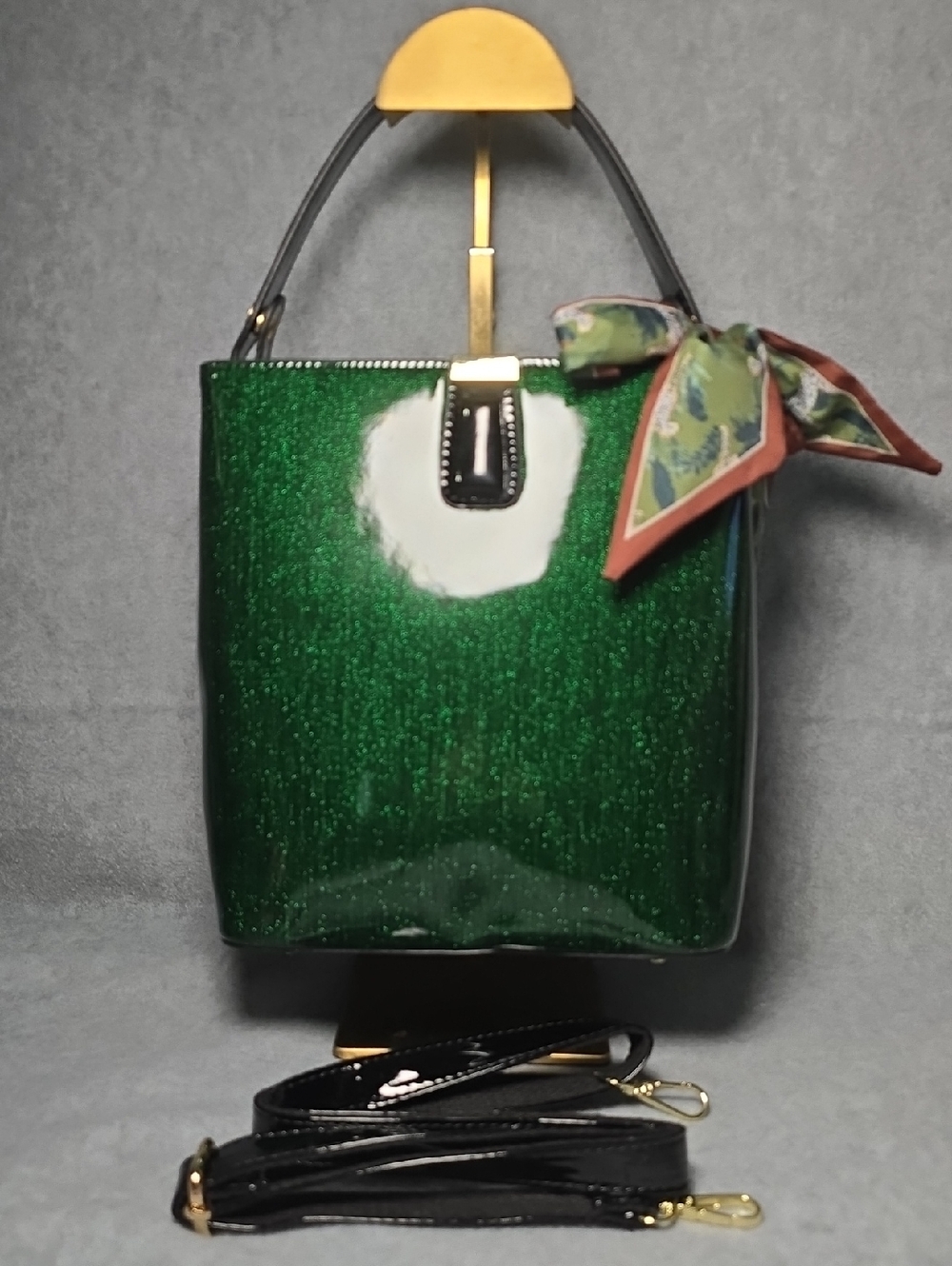 Emerald Patent Crossbody Tote with Scarf Accent